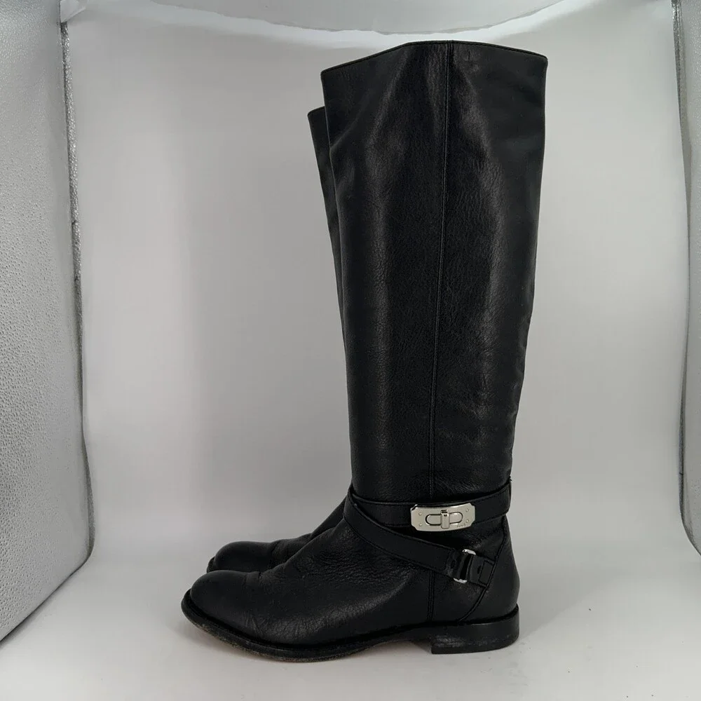 Coach Boots Womens Size 6.5 Christine Black Leather Riding Knee High Buckle
